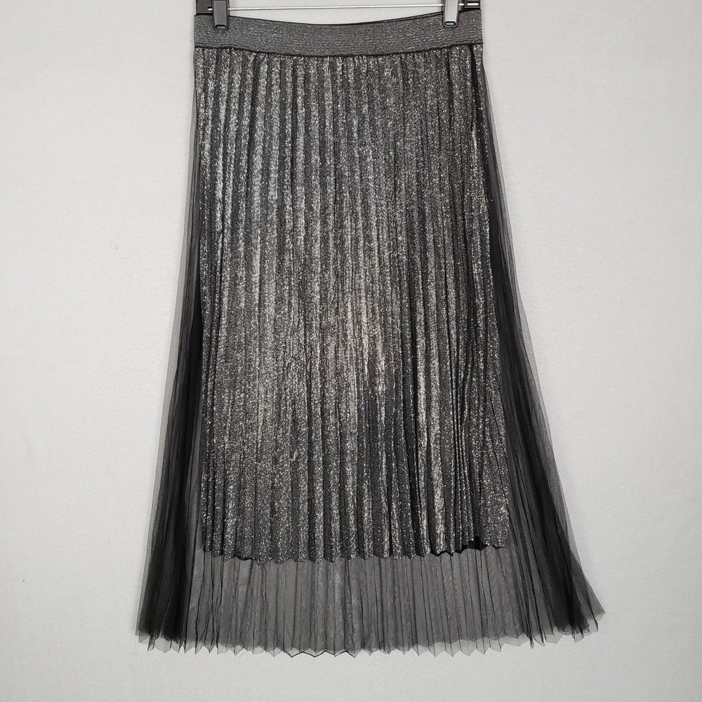 Studio West Pleated Chiffon Layer Maxi Skirt Black Silver Whimsigoth Witchy Sz M